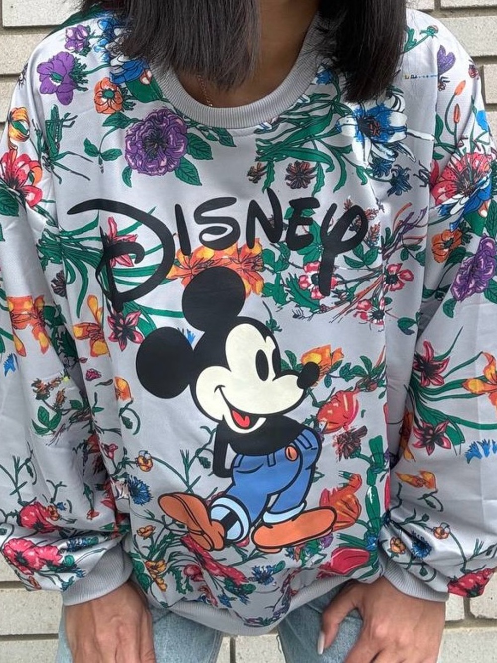 Disney Grey Floral Mickey Sweatshirt with Colorful Blooms - Picture 8 of 9